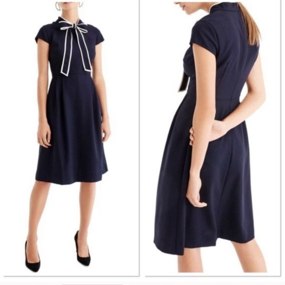 J Crew Italian wool tie neck navy white crepe 365 dress fit flare short sleeve 6